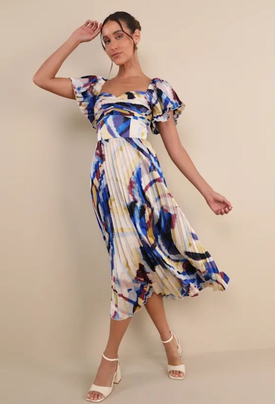 Lulus Authentically Yours Blue Multi Abstract Print Satin Pleat Midi Dress Sz S